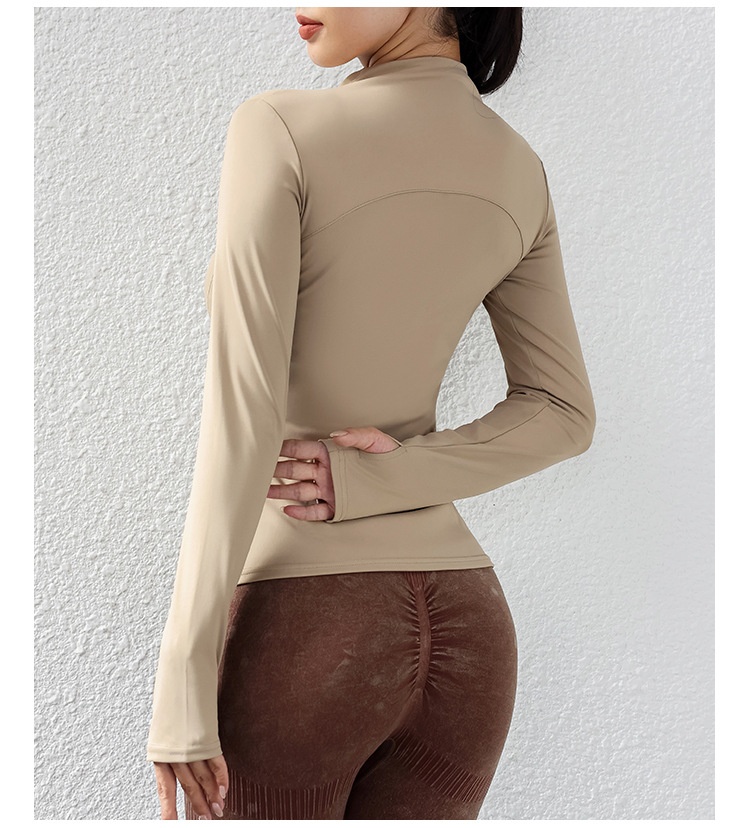 001 Giacca sportiva da corsa, ciclismo e yoga con colletto rialzato, con cerniera, a maniche lunghe, vestibilità slim, snellente, fitness, sole_voghion.com