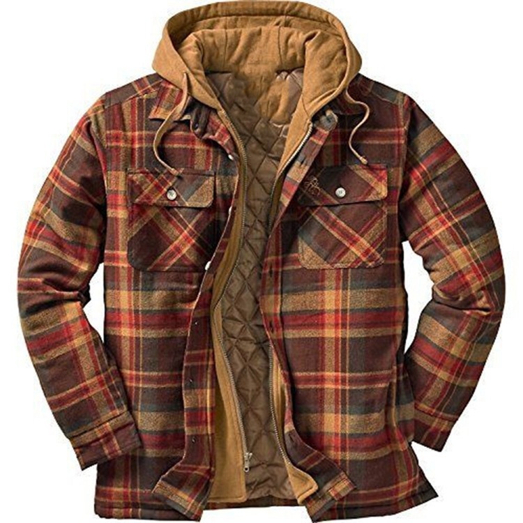 ActiveGo ActiveGo Commercio Estero Abbigliamento Uomo Stile Europeo e Americano Autunno Inverno Cotone Spesso Plaid Manica Lunga Largo Con Cappuccio_voghion.com