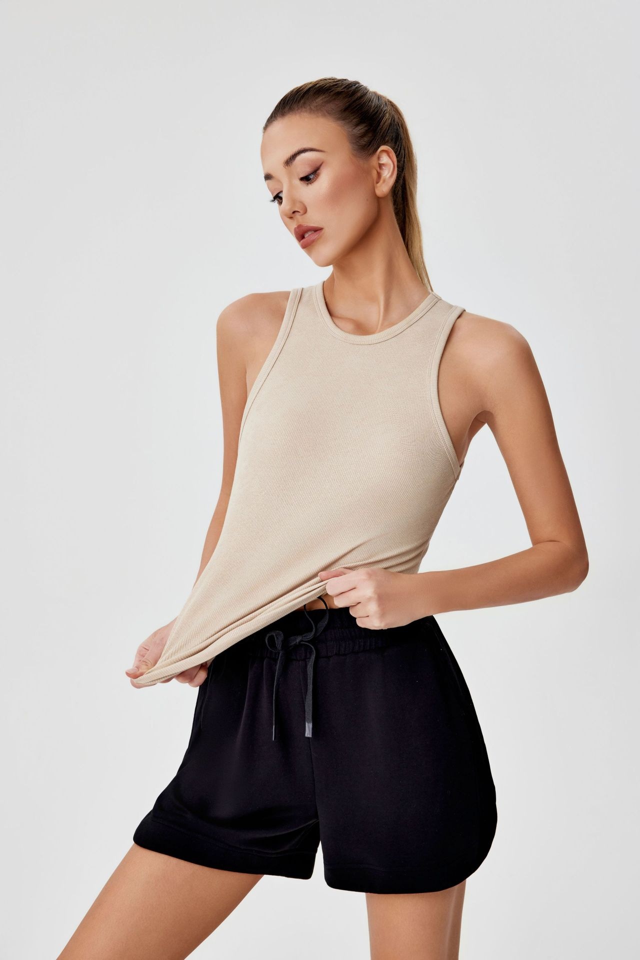 001 Cross-border Ribbed Shiny Silk Nude Top For Women, Sweat-absorbing Sports Sleeveless Vest, Round Neck Summer Outdoor_voghion.com