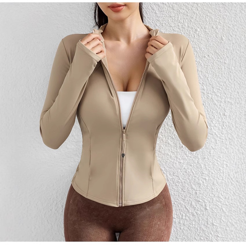 001 Giacca sportiva da corsa, ciclismo e yoga con colletto rialzato, con cerniera, a maniche lunghe, vestibilità slim, snellente, fitness, sole_voghion.com