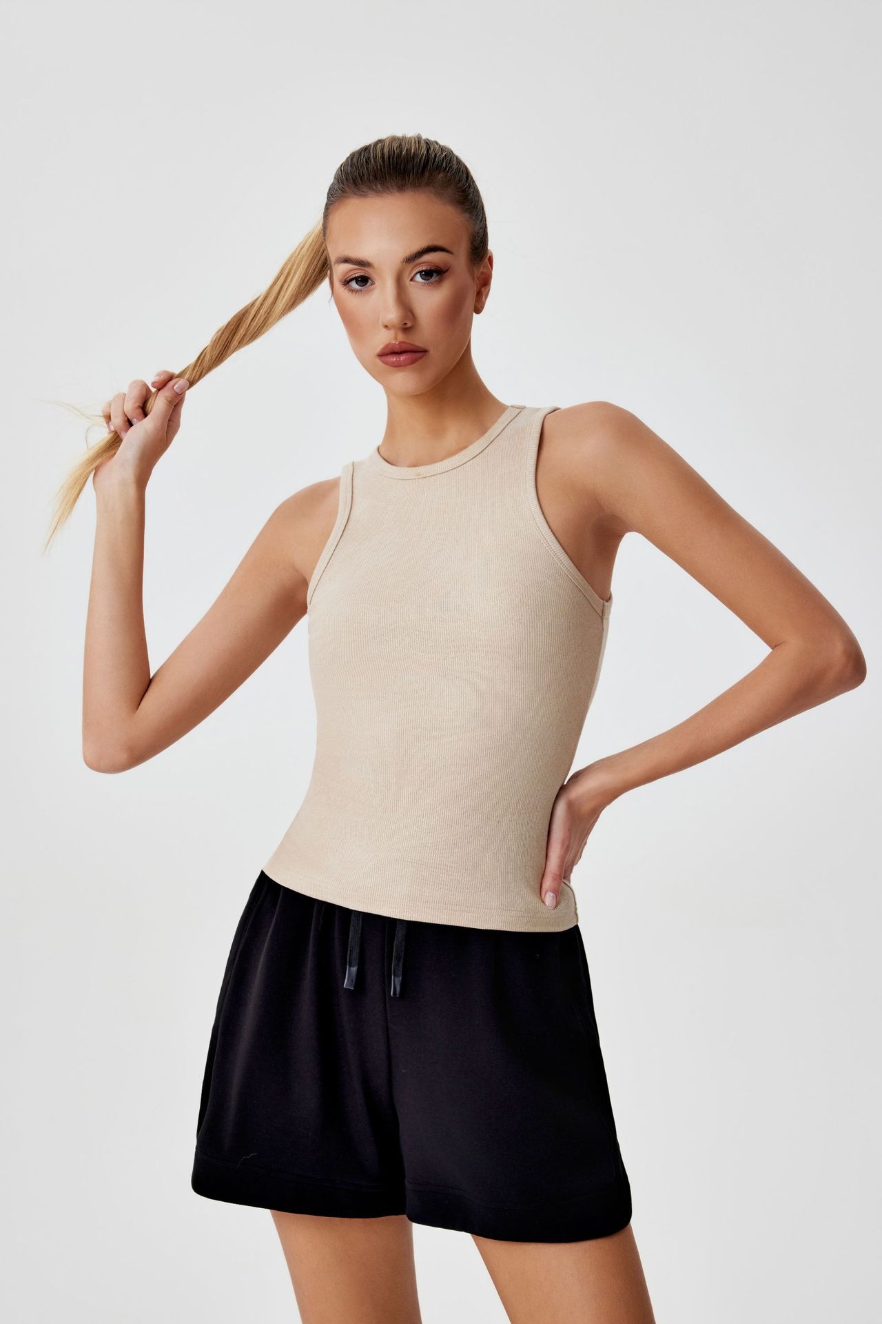 001 Cross-border Ribbed Shiny Silk Nude Top For Women, Sweat-absorbing Sports Sleeveless Vest, Round Neck Summer Outdoor_voghion.com