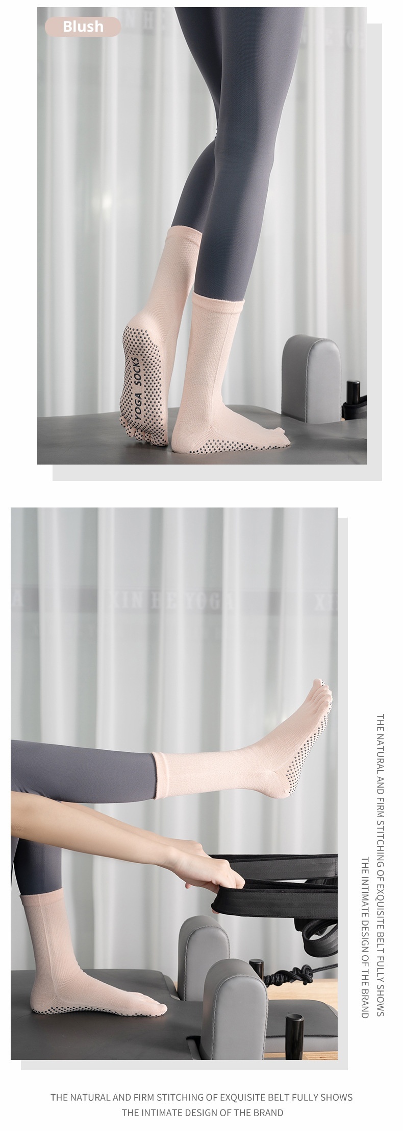 Chaussettes de yoga et de pilates mi-mollet pour femmes, style sport, à dégradé de couleurs, orteils séparés, absorbantes et antidérapantes. Modèle professionnel._voghion.com