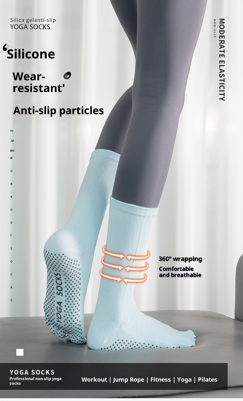 Chaussettes de yoga et de pilates mi-mollet pour femmes, style sport, à dégradé de couleurs, orteils séparés, absorbantes et antidérapantes. Modèle professionnel._voghion.com