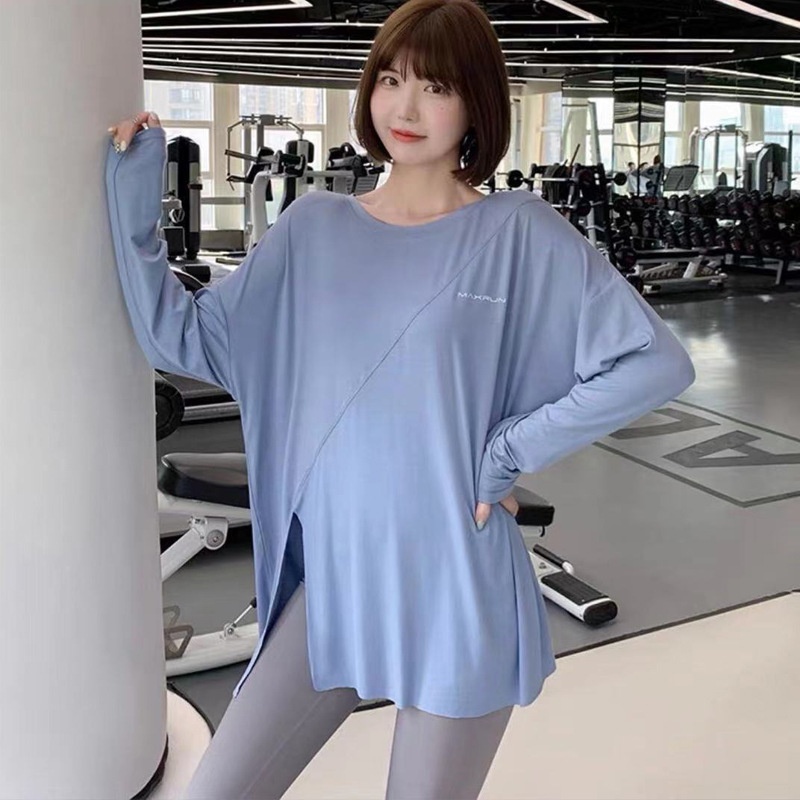 T-shirt de yoga à séchage rapide 001 avec fente, haut de sport ample pour femme, idéal pour la course à pied, grande taille, vêtements de fitness à manches longues_voghion.com