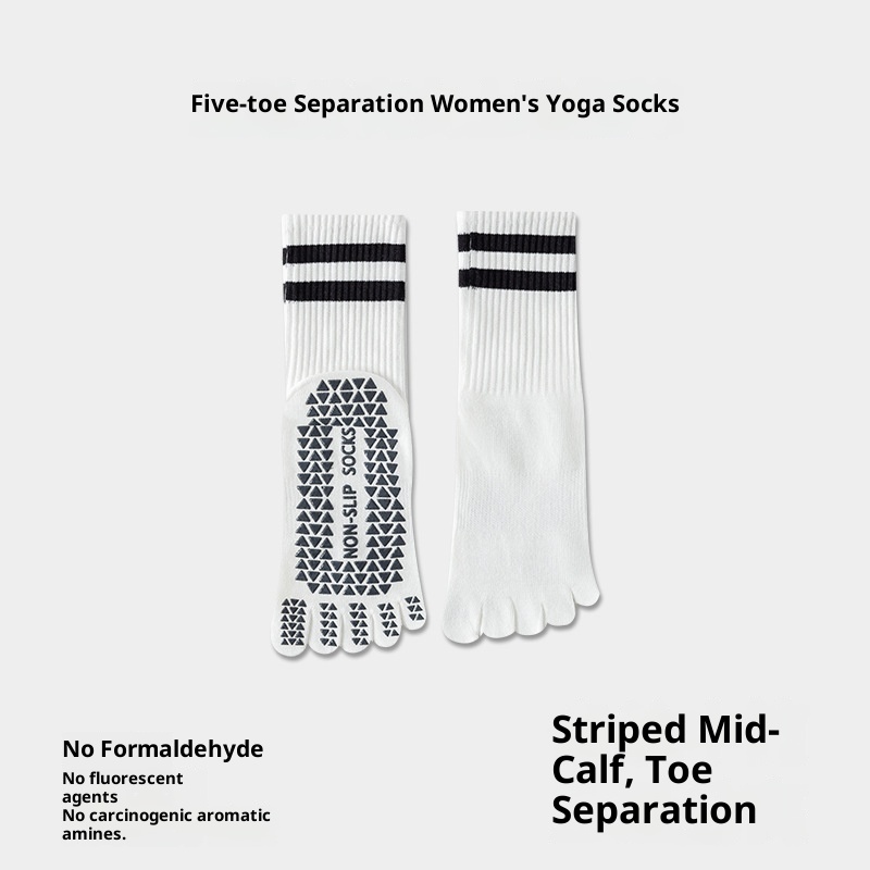 Chaussettes de yoga et de pilates d'intérieur Zhuji pour femmes, en pur coton, à cinq orteils, antidérapantes et tubulaires, avec séparateur d'orteils. Modèle 001._voghion.com