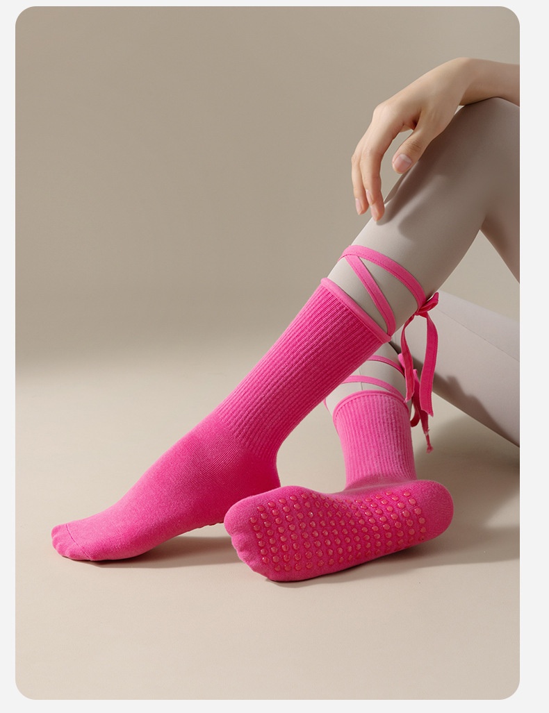 001 Calzini sportivi da yoga con lacci della serie Dopamine Color con suola antiscivolo per Pilates e danza indoor, a metà polpaccio_voghion.com