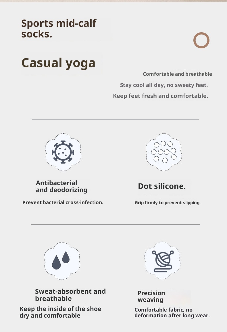 Chaussettes de sport professionnelles pour le yoga et le Pilates en salle, mi-mollet, confortables et antidérapantes, idéales pour le Pilates et le yoga en intérieur._voghion.com