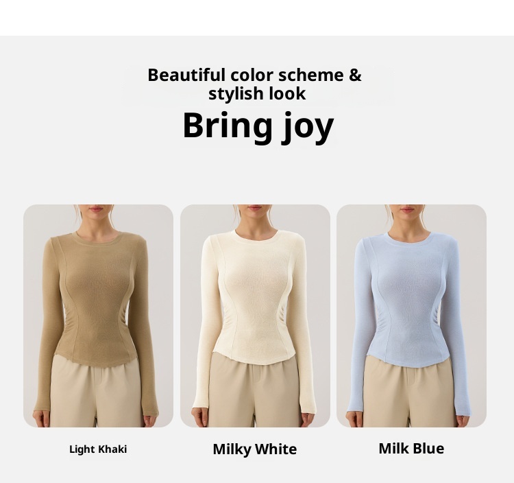 001 Nowa damska koszulka do jogi z długim rękawem i zaokrąglonym dołem, podkreślająca talię, obcisła koszulka do uprawiania sportu, biegania i fitnessu, jesień_voghion.com