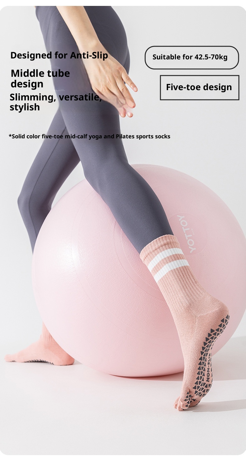 Chaussettes de yoga et de pilates d'intérieur Zhuji pour femmes, en pur coton, à cinq orteils, antidérapantes et tubulaires, avec séparateur d'orteils. Modèle 001._voghion.com