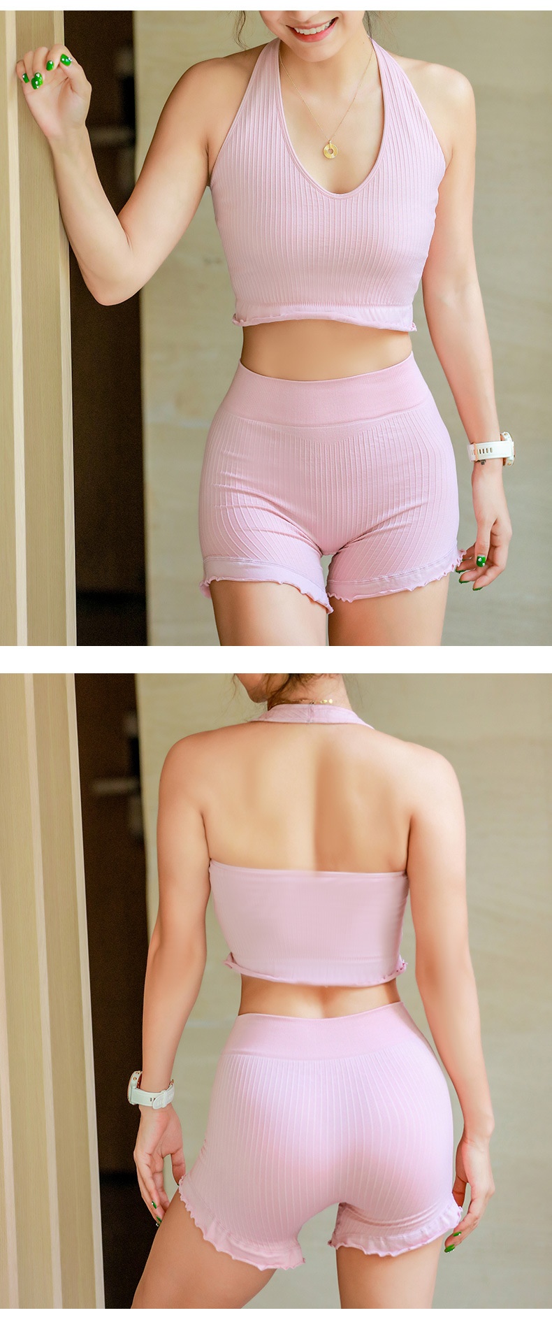 001 Cloud Outfit Set Halter Neck Shorts Fitness Tank Running High Elasticity With Chest Pad Top Yoga Pants_voghion.com