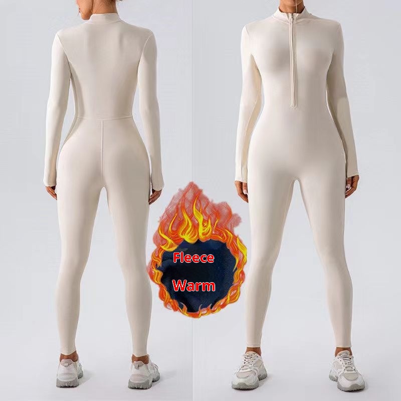 001 Cross-Border Zipper Barely-There Feel Tight-Fitting Fleece-Lined Autumn Winter Yoga Warm One-Piece Running_voghion.com