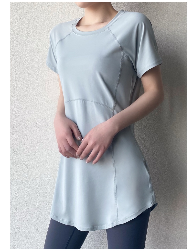 T-shirt de yoga 001 à manches courtes, idéal pour l'été. Coupe mi-longue couvrant les hanches, amincissant, séchage rapide et respirant. Parfait pour le sport et le fitness._voghion.com