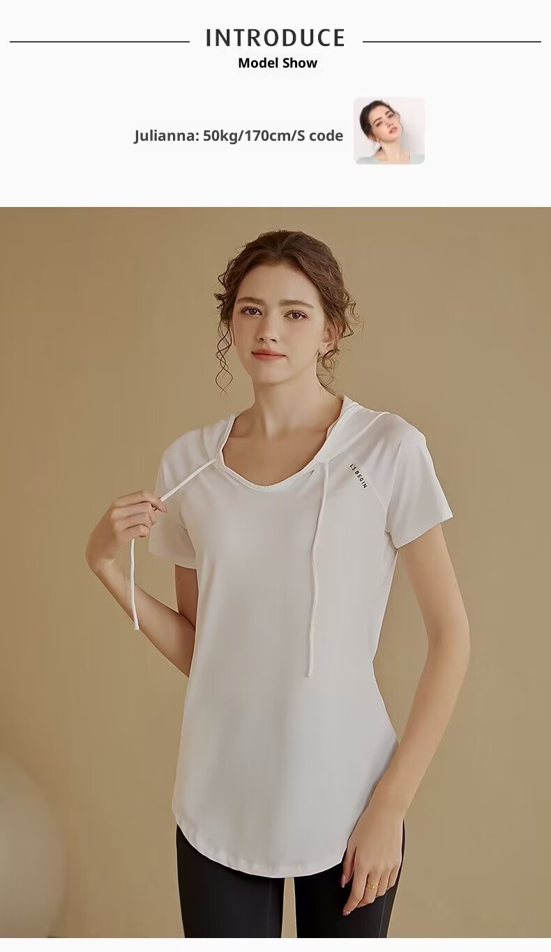Camiseta deportiva de manga corta para mujer, holgada, adelgazante, de longitud media, con capucha, de secado rápido, para fitness y yoga._voghion.com