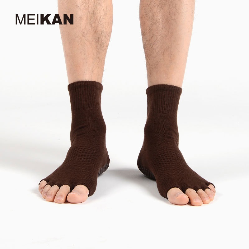 001 MEIKAN Men's Open Toe Yoga Mid-Calf Non-Slip Five-Toe Indoor Pilates Fitness Exercise Floor Socks_voghion.com