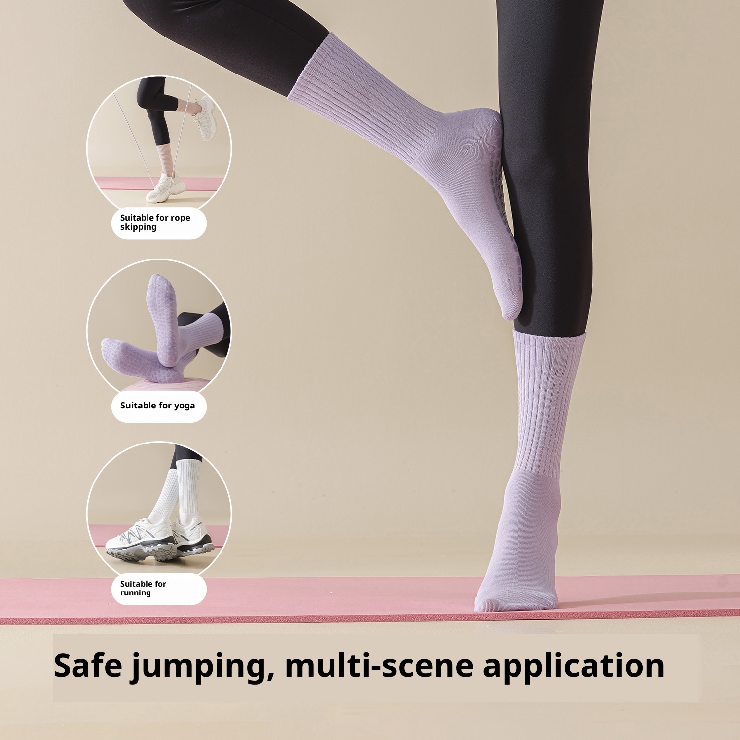 Chaussettes de sport mi-mollet antidérapantes pour femmes, idéales pour le yoga, le fitness et le Pilates. À porter avec un pantalon Shark._voghion.com