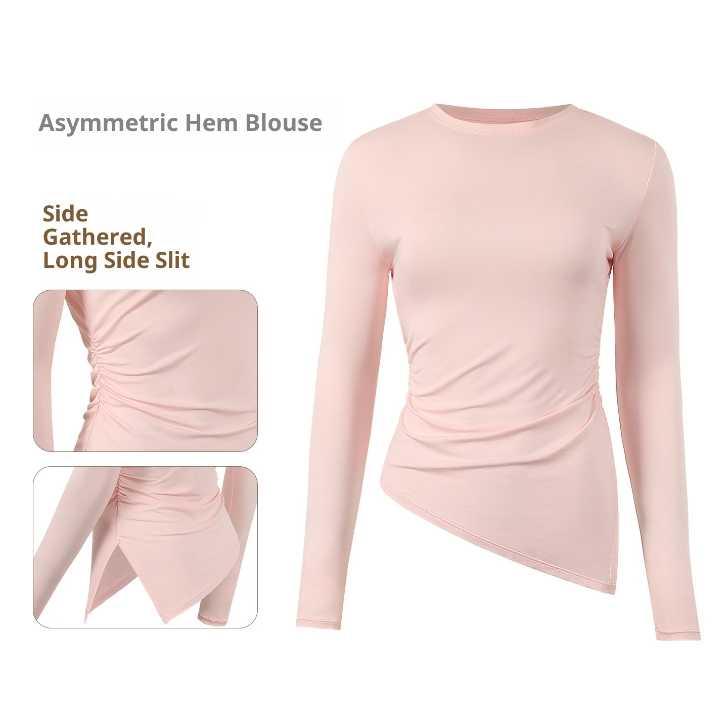 001 Modal Round Neck Split Cover-Up Ruched Slim Fit Sports Top Women Long Sleeve Yoga Wear_voghion.com