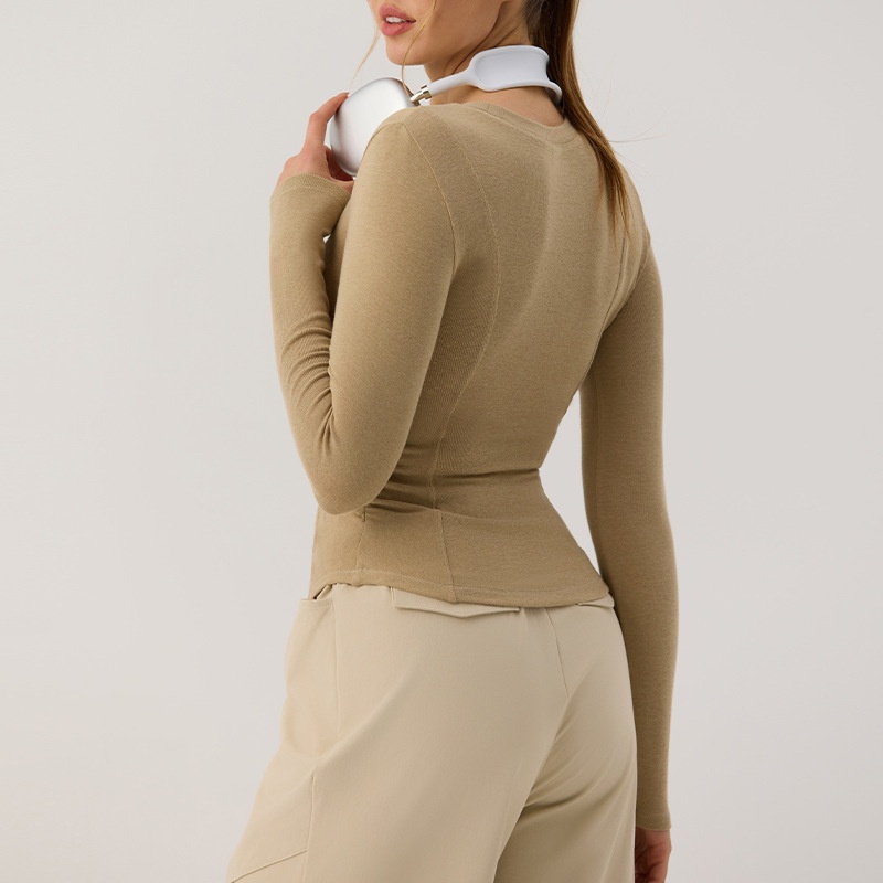 001 Nowa damska koszulka do jogi z długim rękawem i zaokrąglonym dołem, podkreślająca talię, obcisła koszulka do uprawiania sportu, biegania i fitnessu, jesień_voghion.com