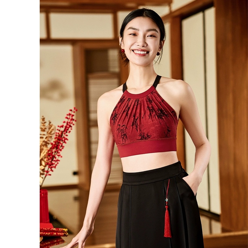001 2025 New Year Festive Red Yoga Outfit Chinese Style Design Fashion Color-Block Halter Neck Beautiful Back Wide-Leg_voghion.com