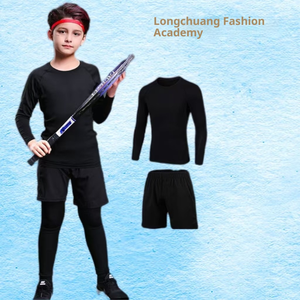 Ensemble de compression pour enfants 001 - Printemps, été, automne - Idéal pour la course à pied, le basketball, le football et le fitness._voghion.com