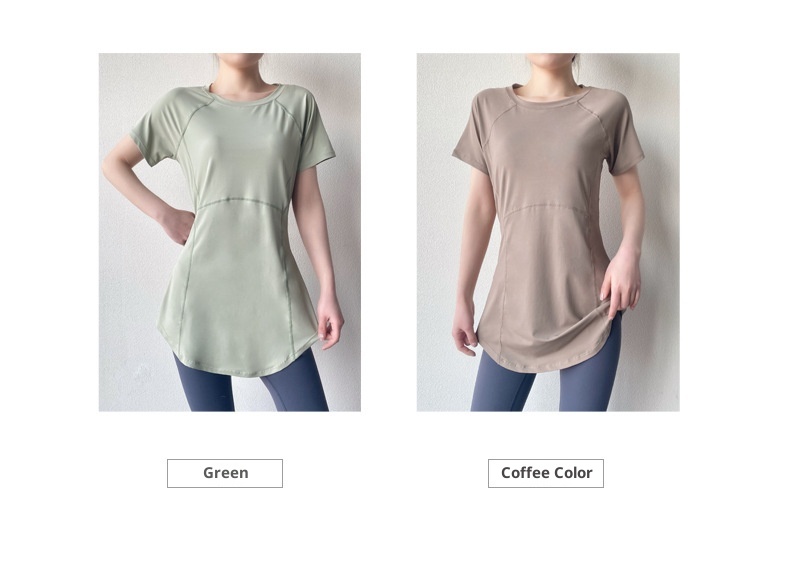 T-shirt de yoga 001 à manches courtes, idéal pour l'été. Coupe mi-longue couvrant les hanches, amincissant, séchage rapide et respirant. Parfait pour le sport et le fitness._voghion.com