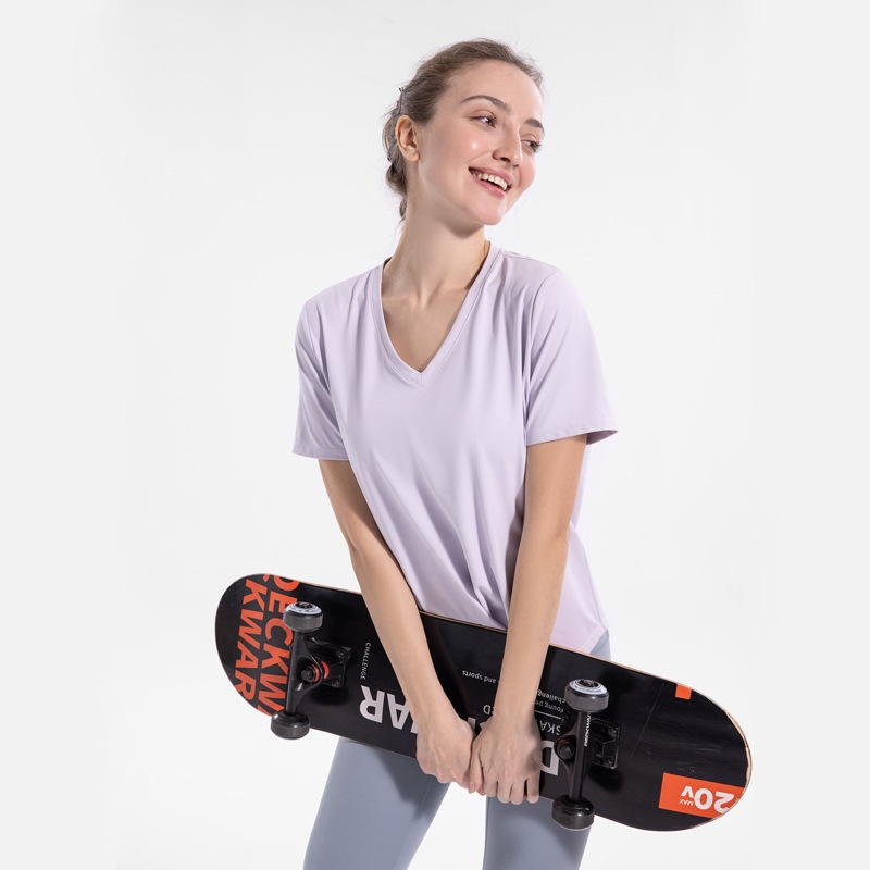 001 Maglietta da yoga con scollo a V taglie forti, a maniche corte, per donna, abbigliamento fitness, primavera estate, maglietta sportiva, corsa all'aperto_voghion.com