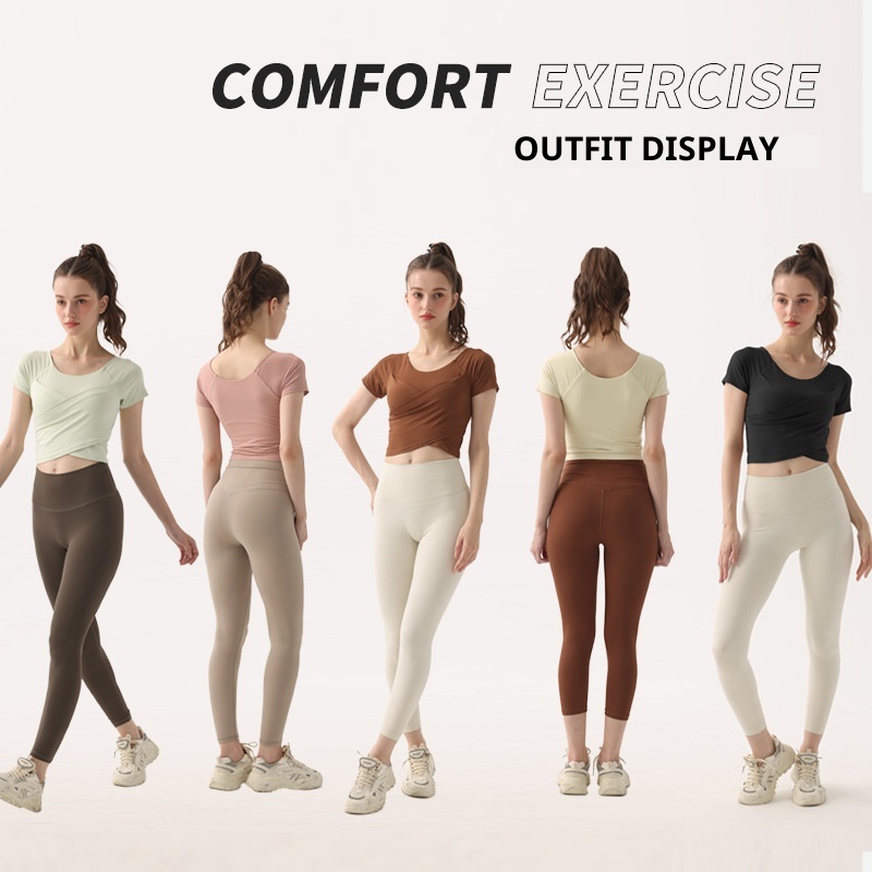 001 Summer Thin Padded Short Sleeve T-Shirt Running Sports Slim Cross Top Yoga Breathable Quick-Dry Fitness Clothing_voghion.com