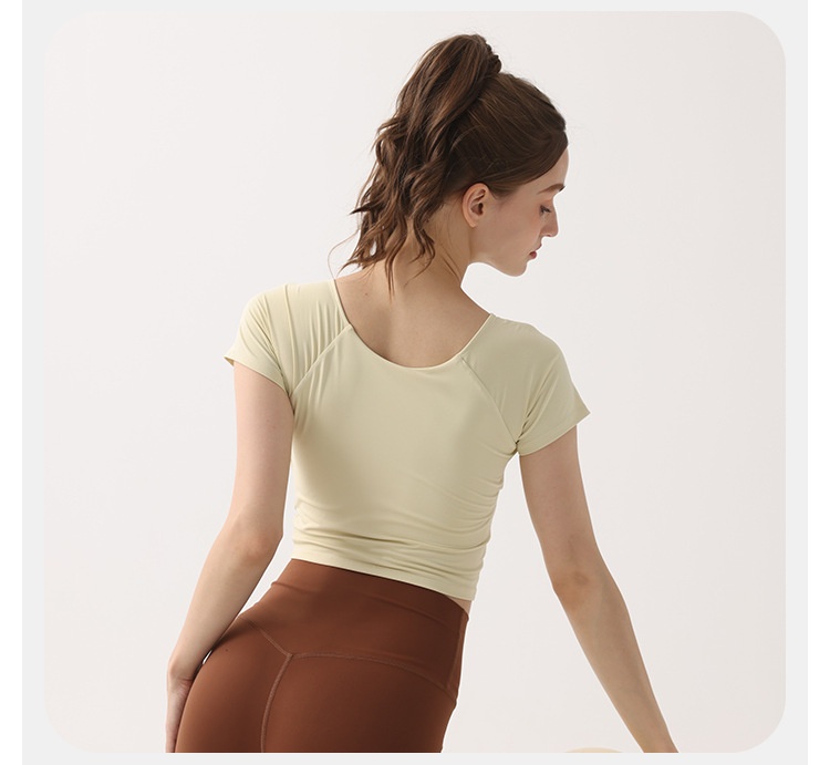 001 Summer Thin Padded Short Sleeve T-Shirt Running Sports Slim Cross Top Yoga Breathable Quick-Dry Fitness Clothing_voghion.com