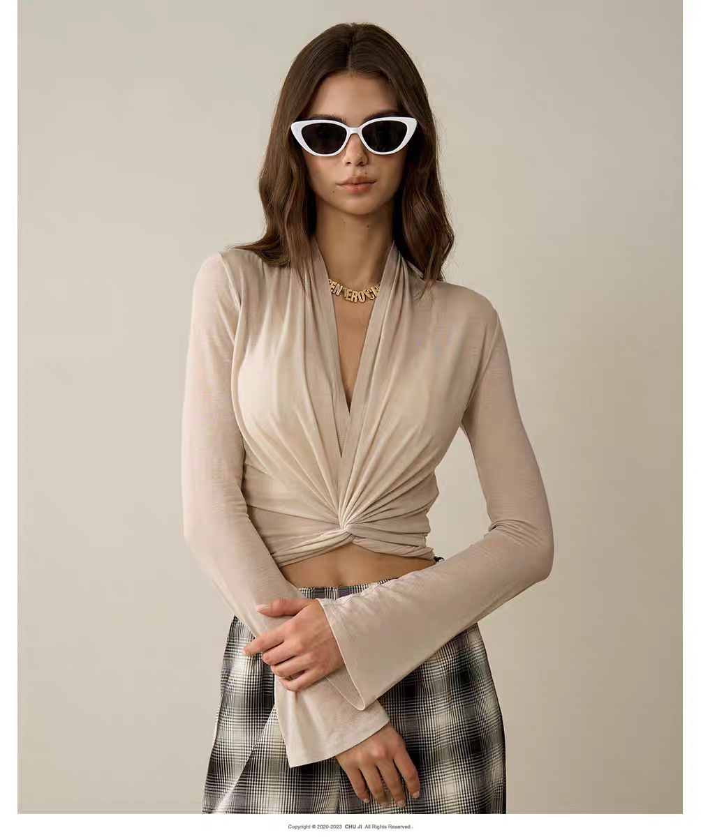 T-shirt de yoga à manches évasées pour femme (réf. 001), coupe ajustée et douce pour la peau, haut de sport à bretelles croisées, vêtement de fitness respirant._voghion.com