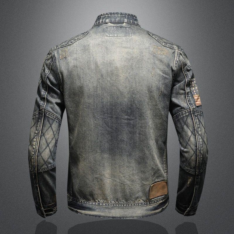 ActiveGo ActiveGo 2024 Spring Autumn Retro Denim Men's Trendy Brand European And American Street Style Motorcycle Workwear Stand Collar_voghion.com