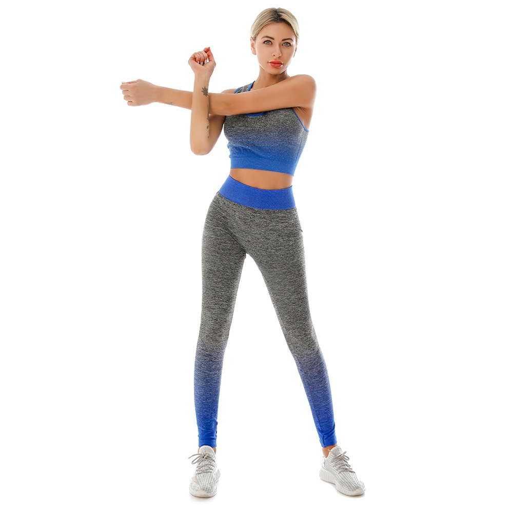 001 Langfristig verfügbarer, grenzüberschreitender Großhandel: Superelastisches Sport-BH- und Leggings-Set für Damen mit Farbverlauf – ideal für Yoga._voghion.com