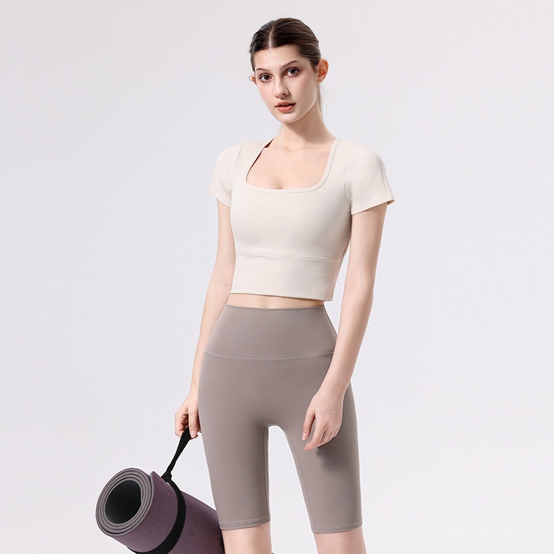 001 Yoga With Chest Pads Women Sports T-Shirt Fitness Tops Quick-Drying Running Short-Sleeved Gym Pilates Training Clothes_voghion.com