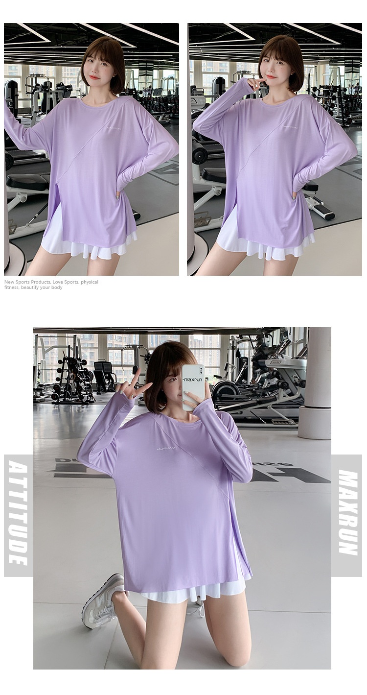 T-shirt de yoga à séchage rapide 001 avec fente, haut de sport ample pour femme, idéal pour la course à pied, grande taille, vêtements de fitness à manches longues_voghion.com