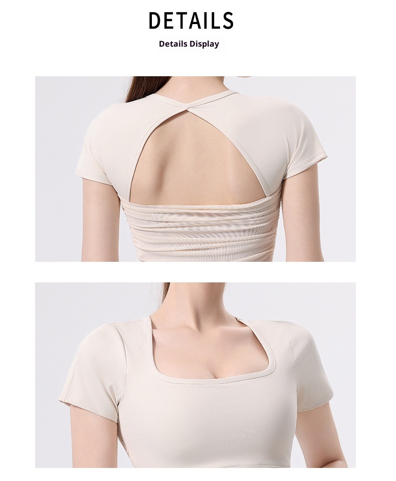 001 Yoga With Chest Pads Women Sports T-Shirt Fitness Tops Quick-Drying Running Short-Sleeved Gym Pilates Training Clothes_voghion.com