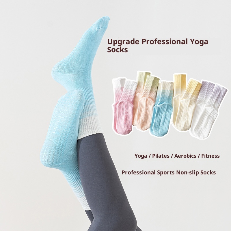 Chaussettes de yoga mi-mollet antidérapantes en silicone, couleur dégradée, pour femmes, idéales pour le fitness, le Pilates et la danse (vente en gros)._voghion.com