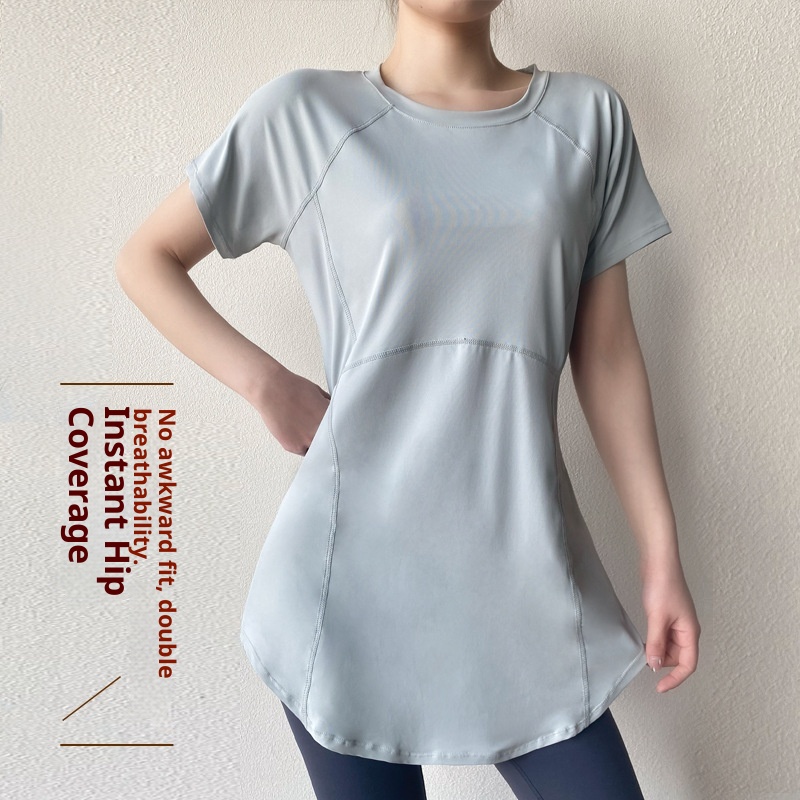 T-shirt de yoga 001 à manches courtes, idéal pour l'été. Coupe mi-longue couvrant les hanches, amincissant, séchage rapide et respirant. Parfait pour le sport et le fitness._voghion.com