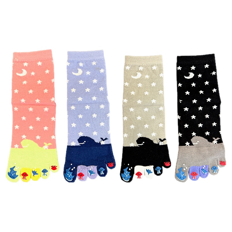 001 Calzini da yoga in cotone a cinque dita per donna, a metà polpaccio, autunno e inverno, nuovi separatori dita in gomma stampati con cartoni animati sportivi_voghion.com
