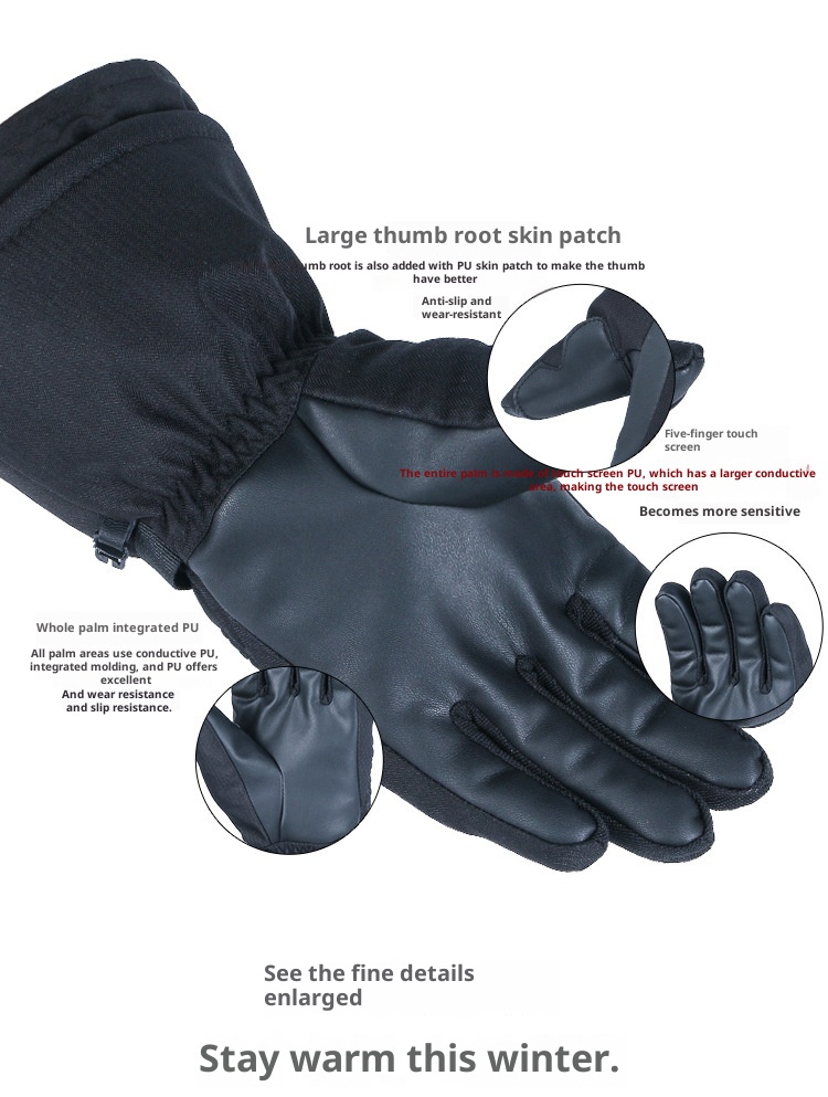 ActiveGo Kış Sıcak Kayak Eldivenleri Kalınlaştırılmış Rüzgar Geçirmez Su Geçirmez Tam Parmak Siyah Polar Astarlı Dağcılık Açık Hava Bisikleti_voghion.com