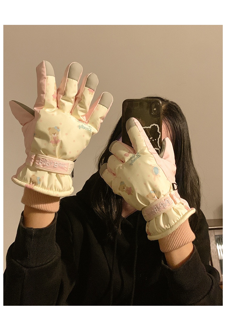 ActiveGo schattige roze beer skihandschoenen voor dames, winter touchscreen fleece, waterdicht, warm, 2024, winddicht, fietsen, buiten_voghion.com