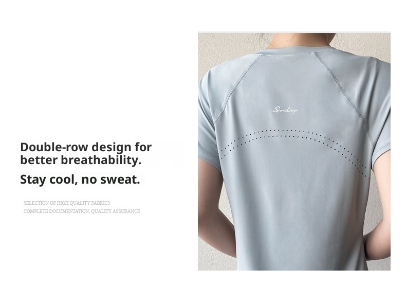 T-shirt de yoga 001 à manches courtes, idéal pour l'été. Coupe mi-longue couvrant les hanches, amincissant, séchage rapide et respirant. Parfait pour le sport et le fitness._voghion.com