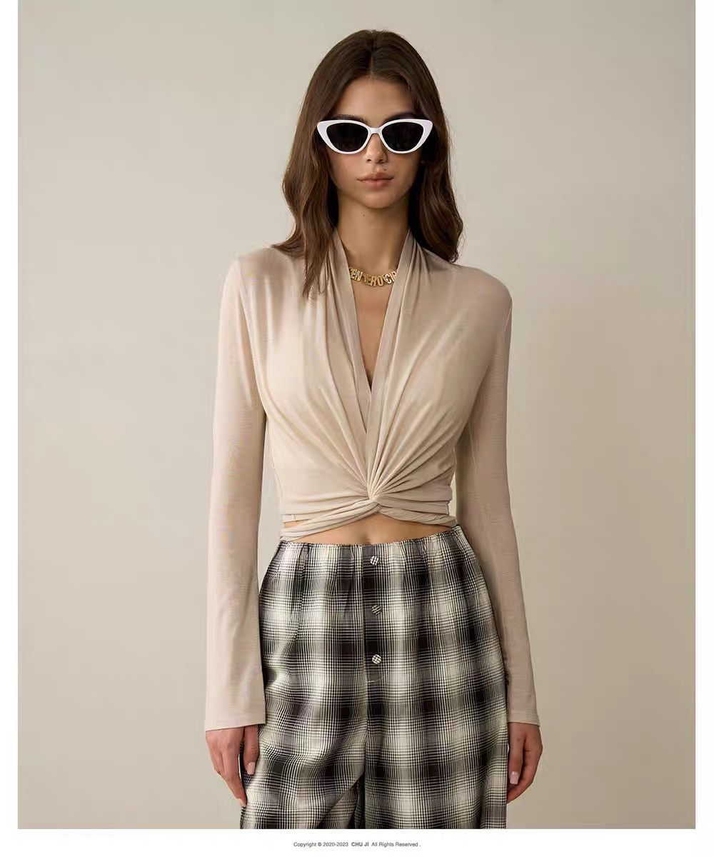 T-shirt de yoga à manches évasées pour femme (réf. 001), coupe ajustée et douce pour la peau, haut de sport à bretelles croisées, vêtement de fitness respirant._voghion.com