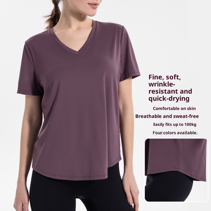 001 Maglietta da yoga con scollo a V taglie forti, a maniche corte, per donna, abbigliamento fitness, primavera estate, maglietta sportiva, corsa all'aperto_voghion.com