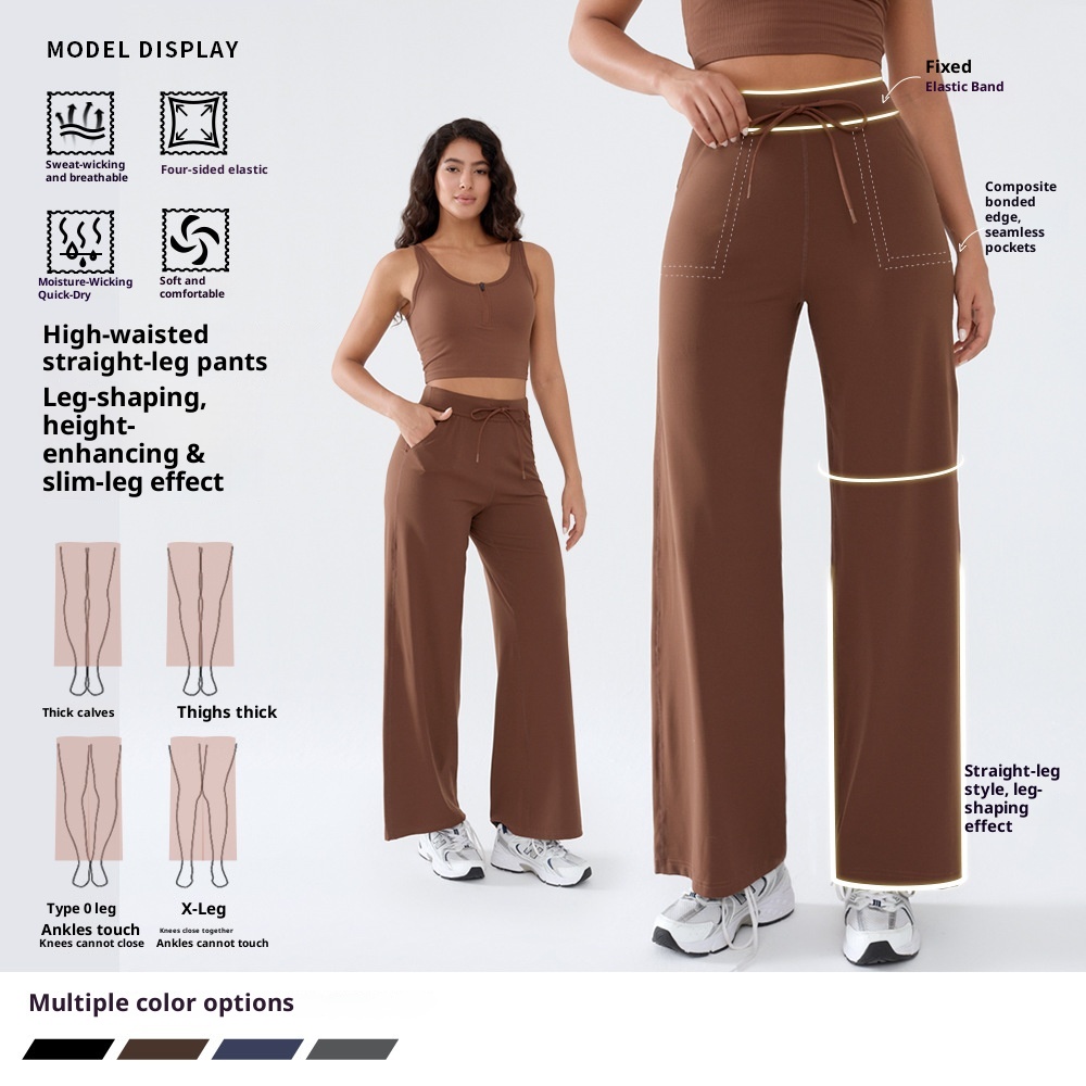 001 Damen Freizeit-Sporthose, locker geschnitten, schnelltrocknend, gerader Schnitt, hoher Bund, Bauchkontrolle, Yogahose, weites Bein_voghion.com