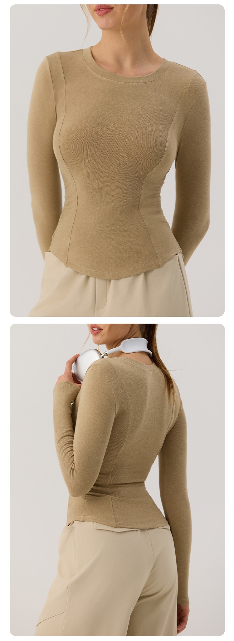 001 Nowa damska koszulka do jogi z długim rękawem i zaokrąglonym dołem, podkreślająca talię, obcisła koszulka do uprawiania sportu, biegania i fitnessu, jesień_voghion.com