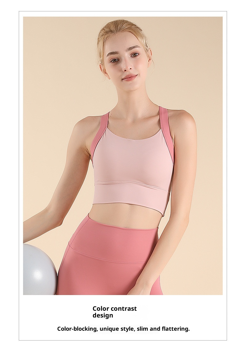 001 Farbblock-Sportset mit Cross-Design, Laufweste, High-Intensity-Yogaweste, Pilates-Fitnessweste mit integriertem Cup, schöne Rückenpartie_voghion.com