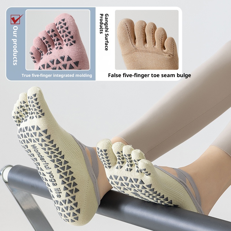 Chaussettes de yoga professionnelles à cinq orteils pour femmes, antidérapantes, idéales pour la danse, le pilates et le bateau._voghion.com