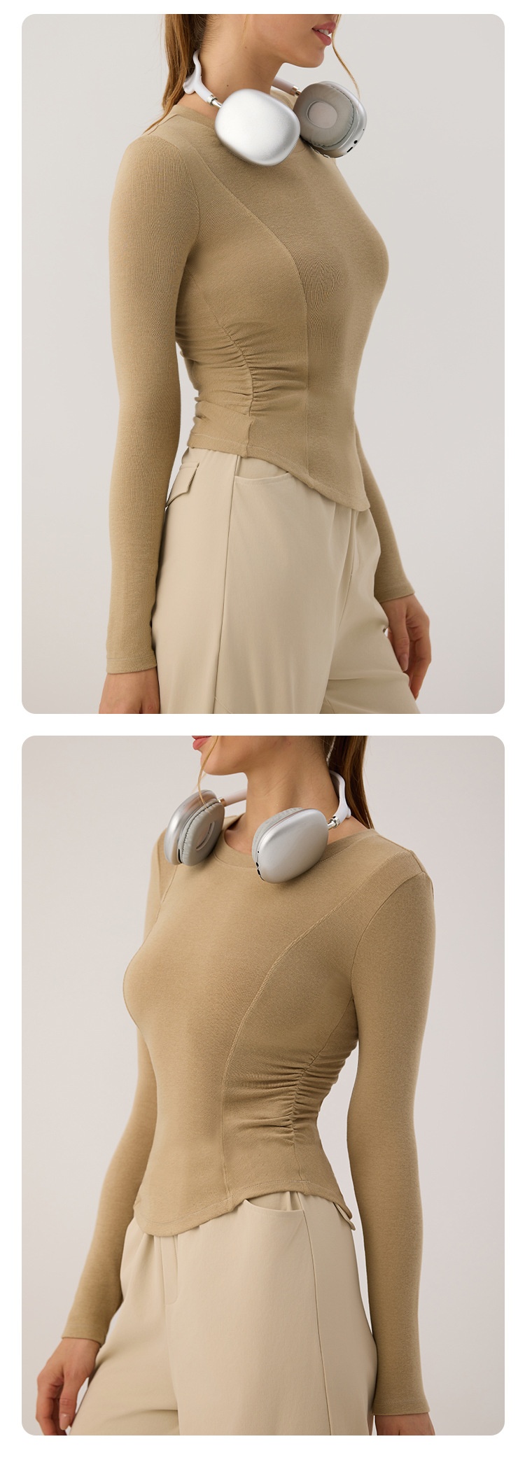 001 Nowa damska koszulka do jogi z długim rękawem i zaokrąglonym dołem, podkreślająca talię, obcisła koszulka do uprawiania sportu, biegania i fitnessu, jesień_voghion.com