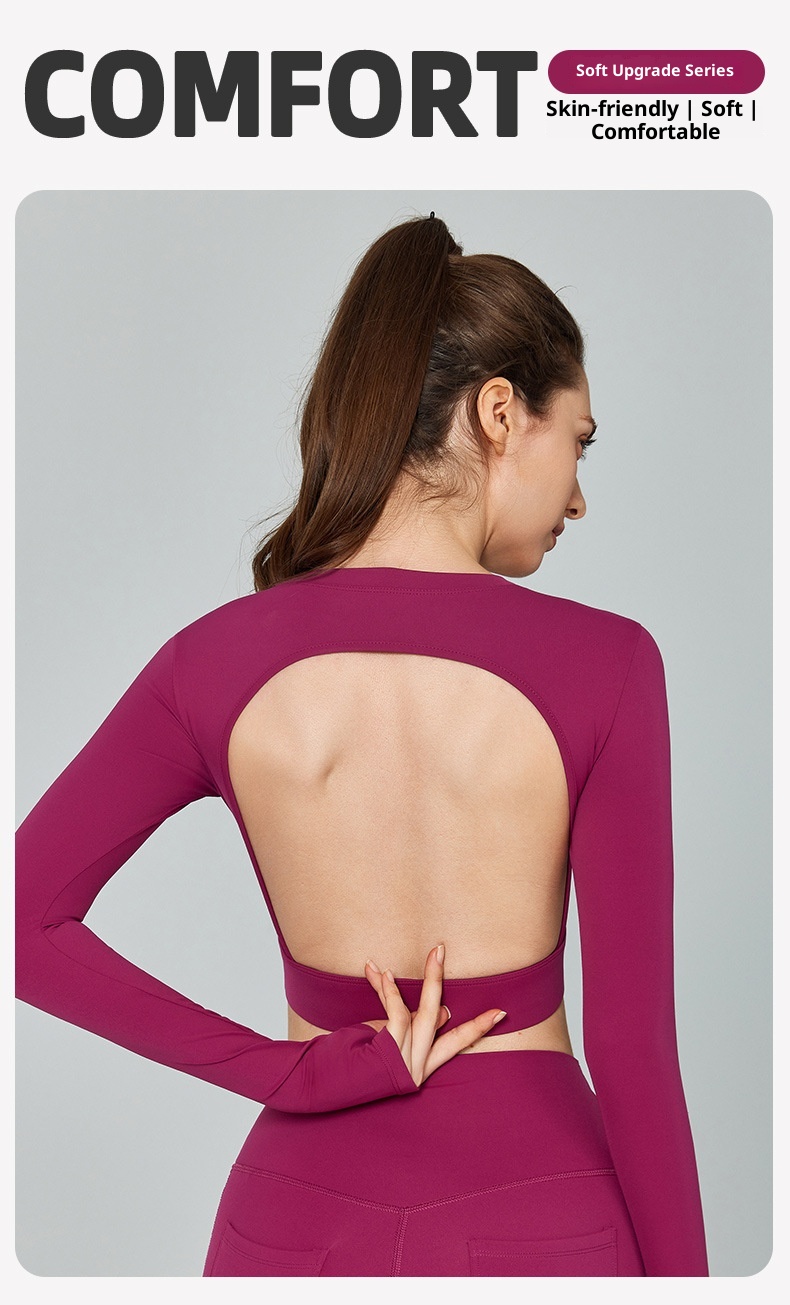 001 Cross-Border Sexy Back Yoga Shirt Long Sleeve With Chest Pad Slim Fit Short Sports Top Running Training Fitness Cover-Up_voghion.com