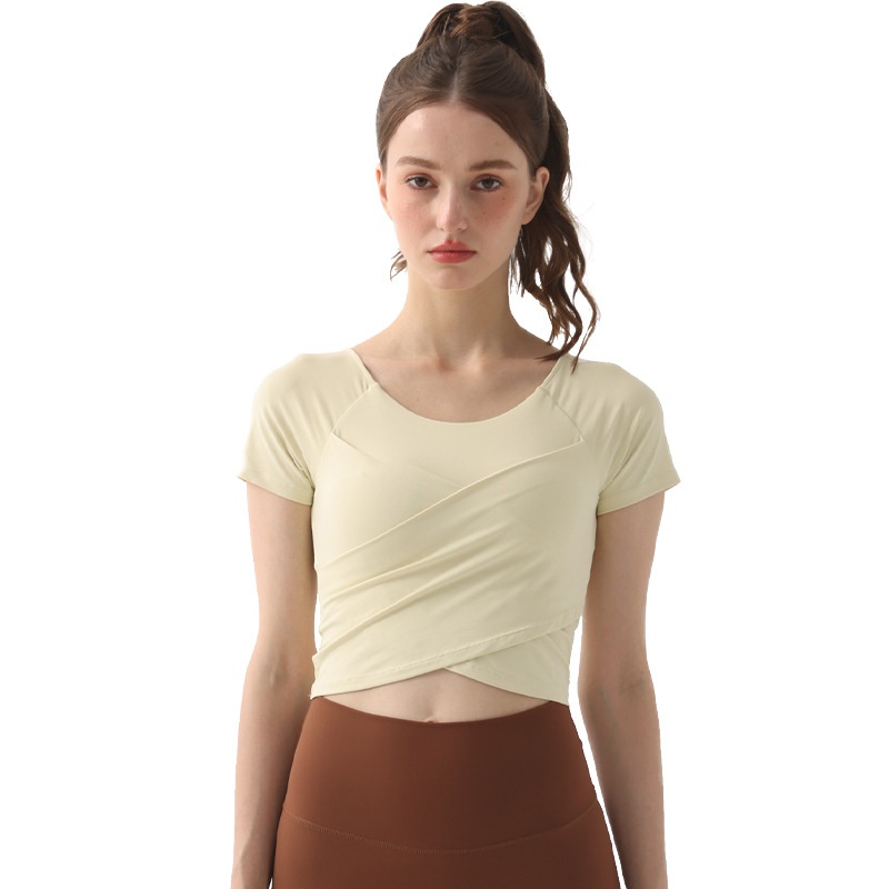 001 Summer Thin Padded Short Sleeve T-Shirt Running Sports Slim Cross Top Yoga Breathable Quick-Dry Fitness Clothing_voghion.com