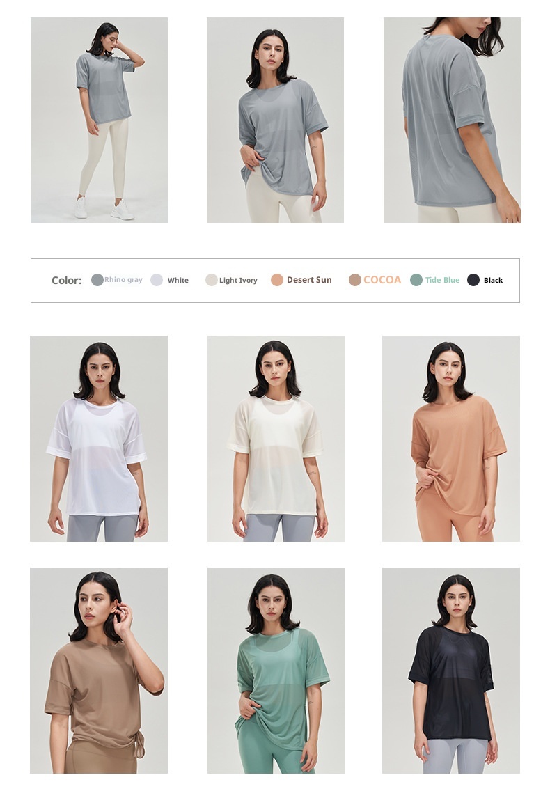 001 Camiseta deportiva de estilo europeo y americano para mujer, holgada, de manga corta, de secado rápido, transpirable, ideal para yoga y running._voghion.com