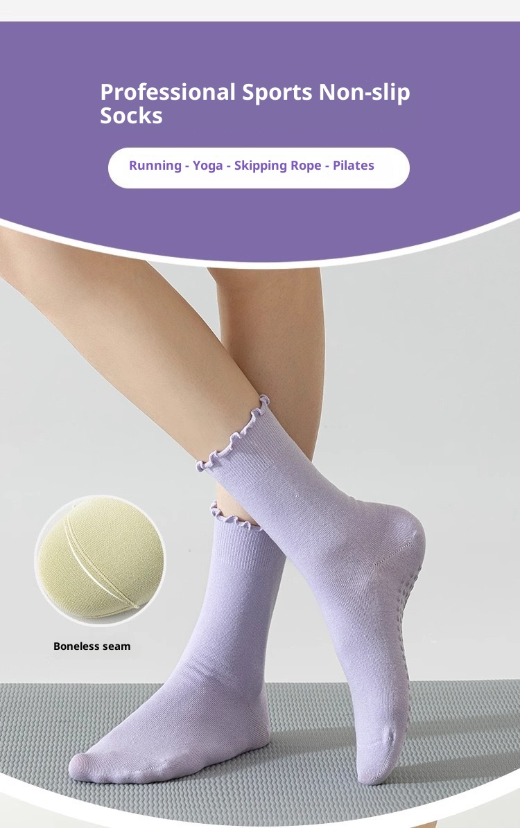 001 Spring Summer Yoga Mid-Calf Seamless Ruffled Edge Sports Non-Slip Running Pilates Thin Shock-Absorbing Fitness Socks_voghion.com